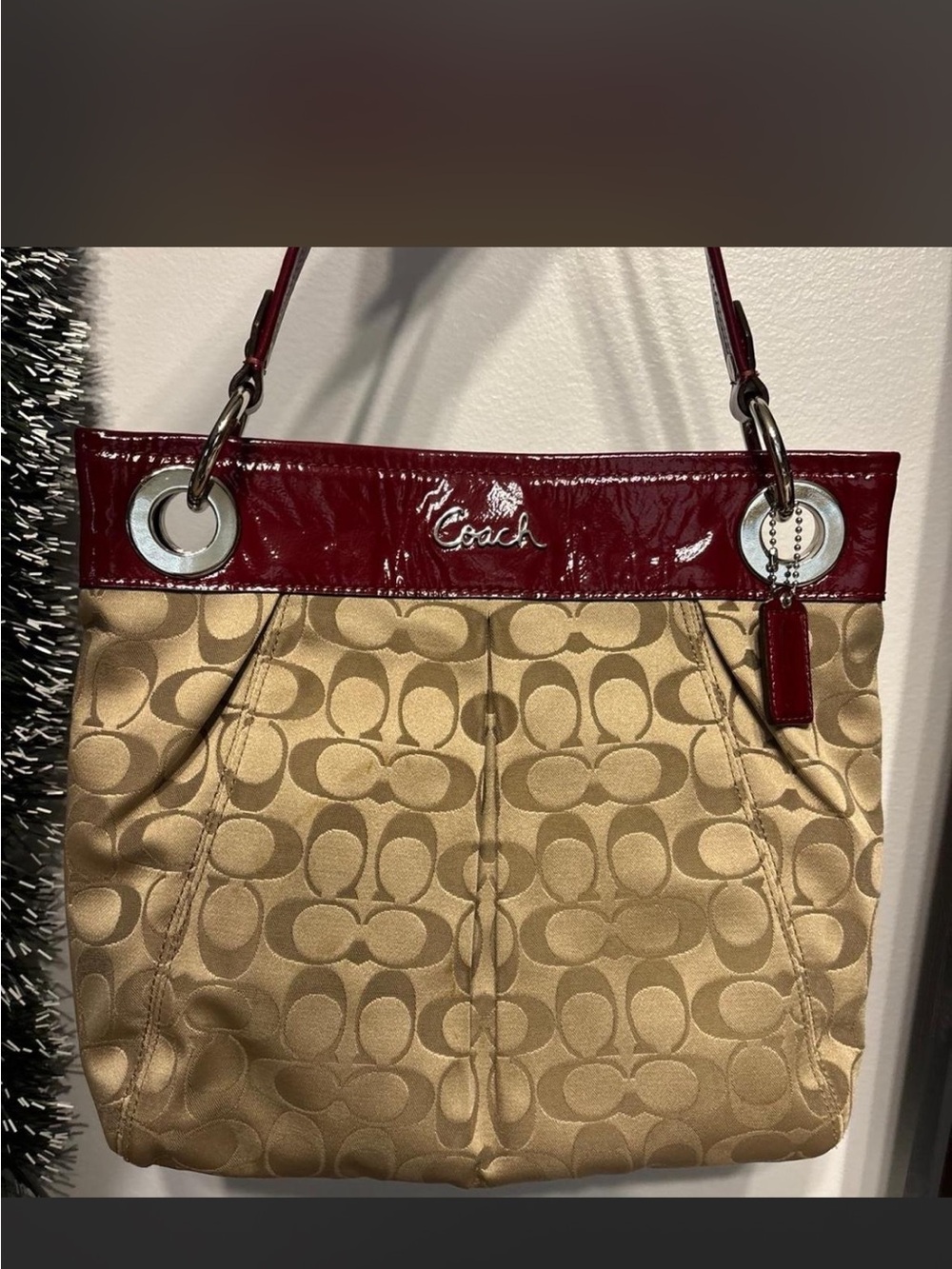 Coach Khaki Signature Canvas Shoulder Bag with Burgundy Patent Trim